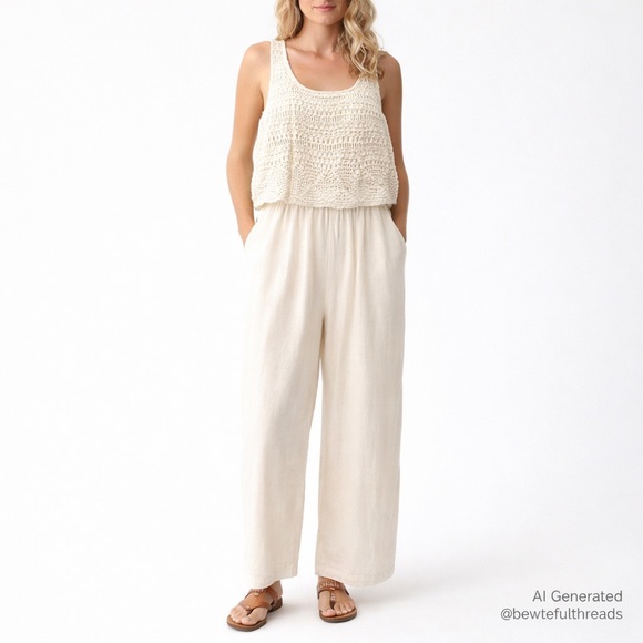 Lucky Brand Pants - Lucky Brand M Ivory Crochet Wide Leg Jumpsuit Boho Summer